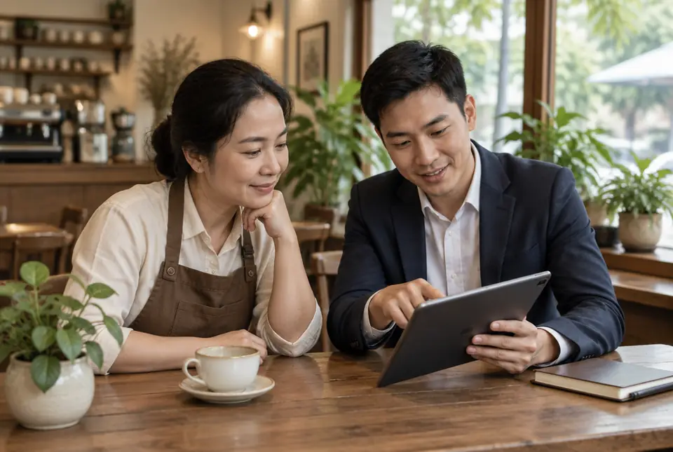 Chủ quán nghe tư vấn bên máy tính bảng trong quán cà phê