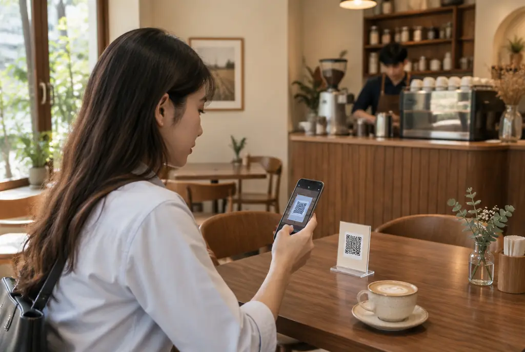 Khách ngồi trong quán cà phê quét mã QR trên bàn bằng điện thoại, barista đứng sau quầy
