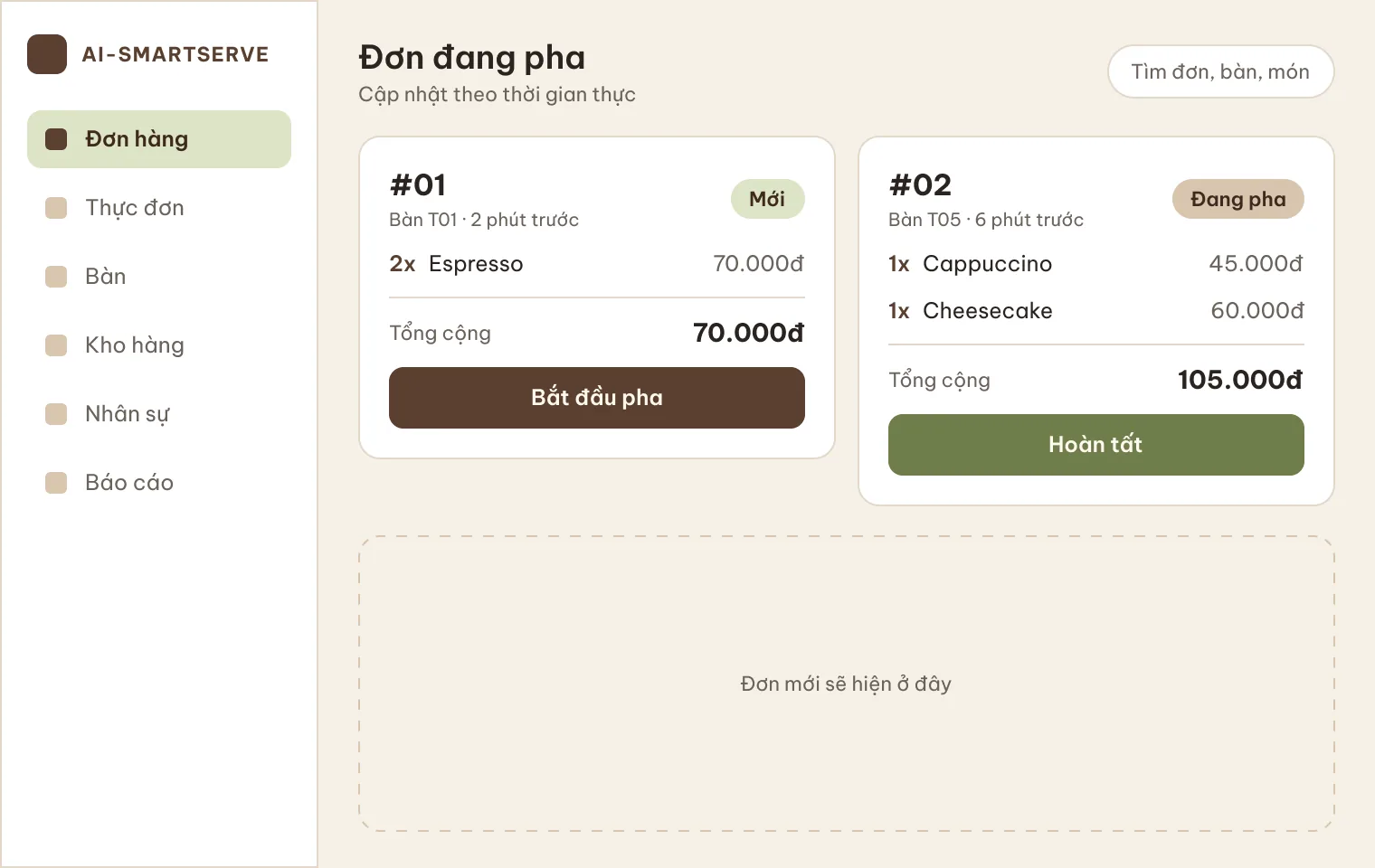 Màn hình pha chế: danh sách đơn đang pha với nút Bắt đầu pha và Hoàn tất