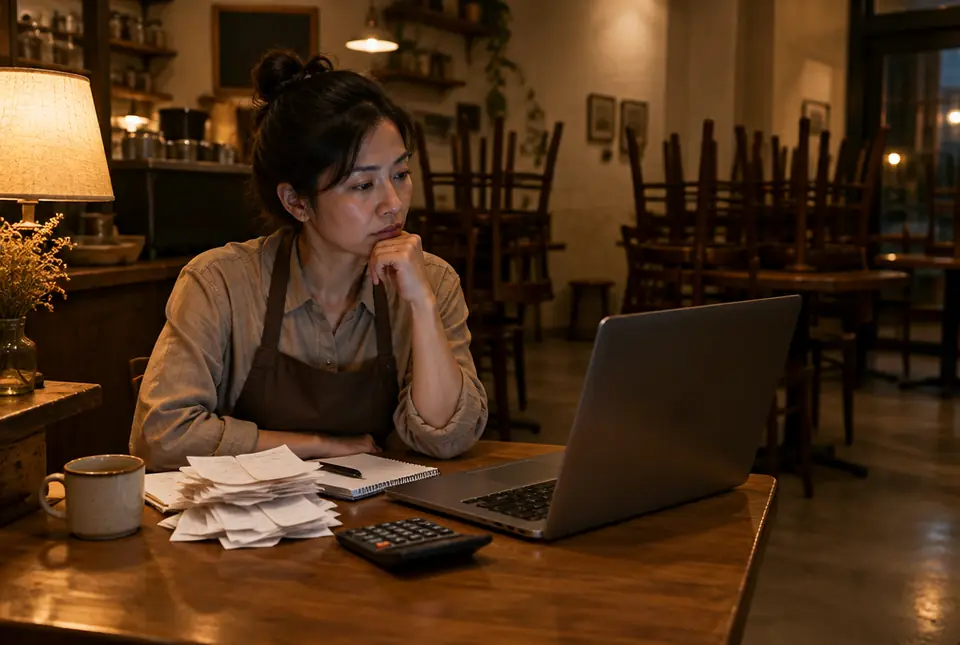 Chủ quán ngồi trước laptop và chồng hoá đơn trong quán đã đóng cửa buổi tối