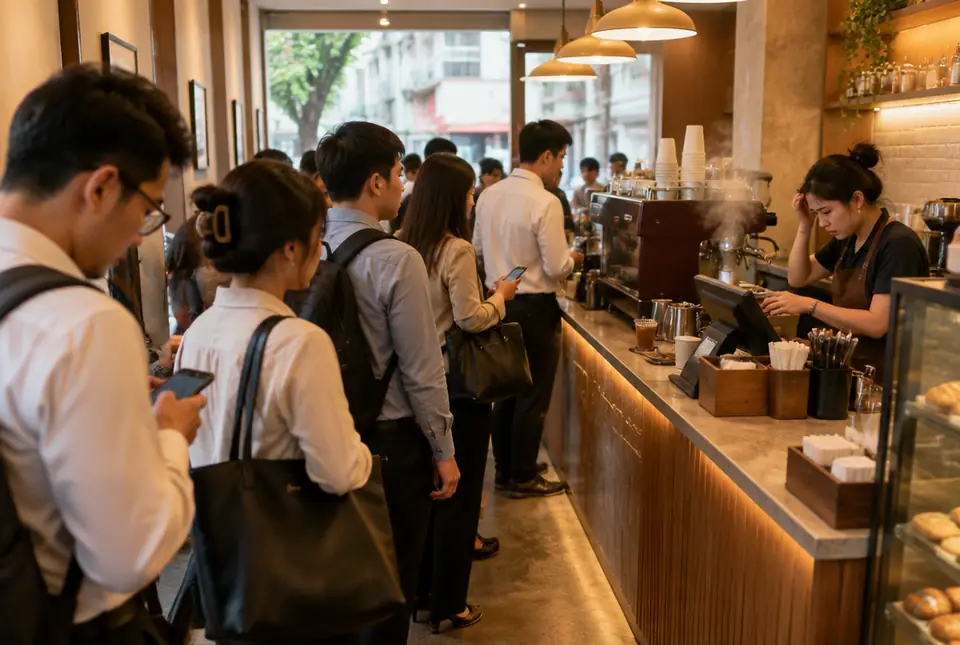Hàng khách văn phòng xếp dài trước quầy cà phê buổi sáng