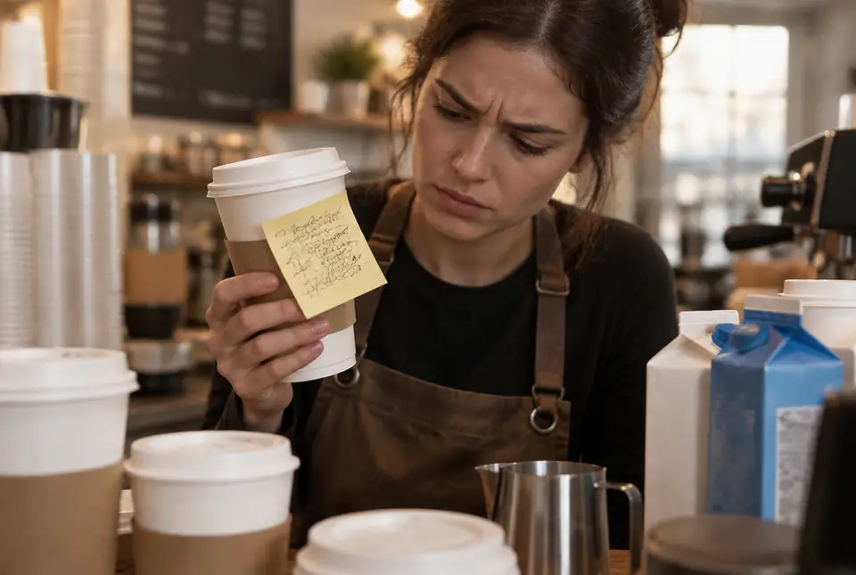 Barista nhíu mày đọc ghi chú trên cốc giấy, đơn ghi nhầm