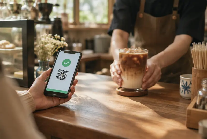 Khách đưa điện thoại hiện mã QR thanh toán tại quầy cà phê