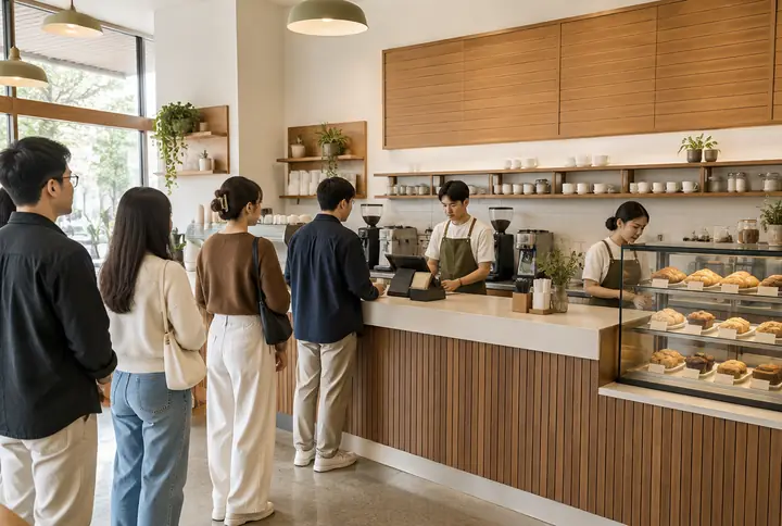 Quầy của một chuỗi cà phê nhỏ với khách đang xếp hàng