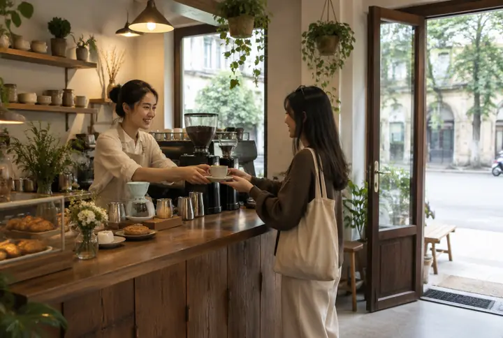 Quán cà phê độc lập nhỏ với barista đang phục vụ khách