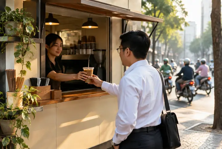 Kiosk cà phê mang đi, nhân viên đưa ly cho khách đi làm